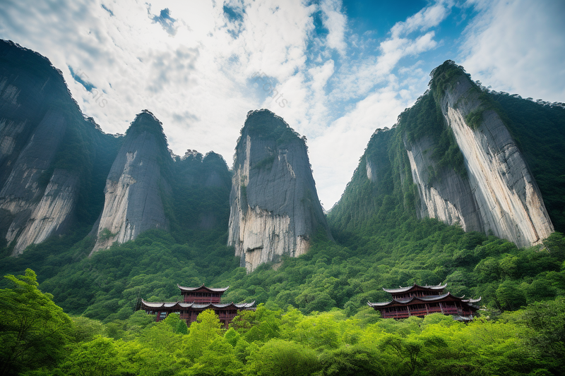 恩施大峡谷风光风景山脉红顶翘檐建筑,高清,摄影图,摄影图片,图片大全,摄影图免费下载